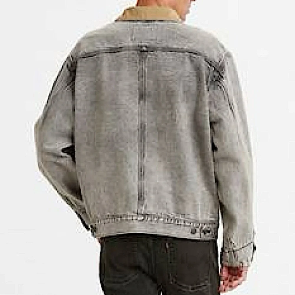 Levi's Washed Black Denim Trucker Jacket with Tan Collar - Picture 5 of 11